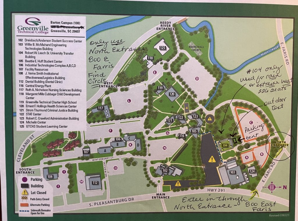 Map to Tent at Greenville Tech Barton Campus – Chautauqua  History 